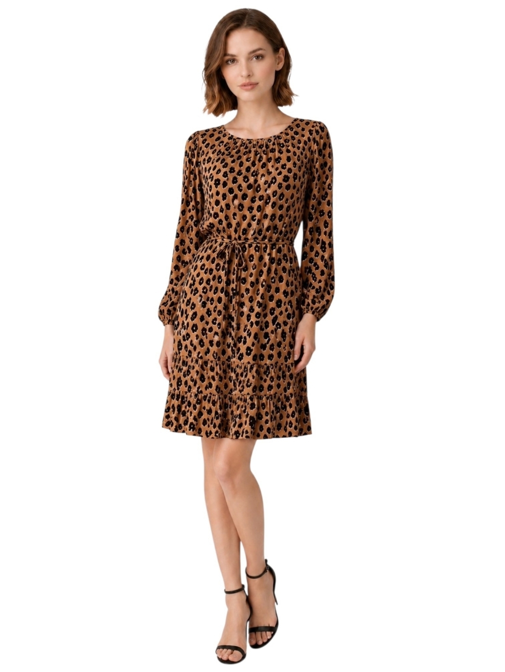 A New Day leopard print dress long sleeve tie waist tan/black elastic cuffs nwt - Picture 16 of 16
